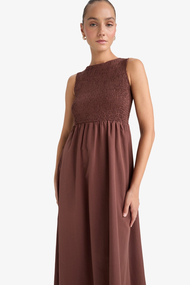 DeFacto Brown Woman Crew Neck Terry Cotton Sleeveless Midi Dress Casual - Image 4